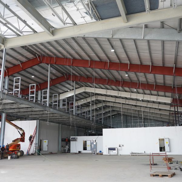 Interior of a 53,482 square foot seafood processing facility made of steel building kit located in Punta Arenas, Chile