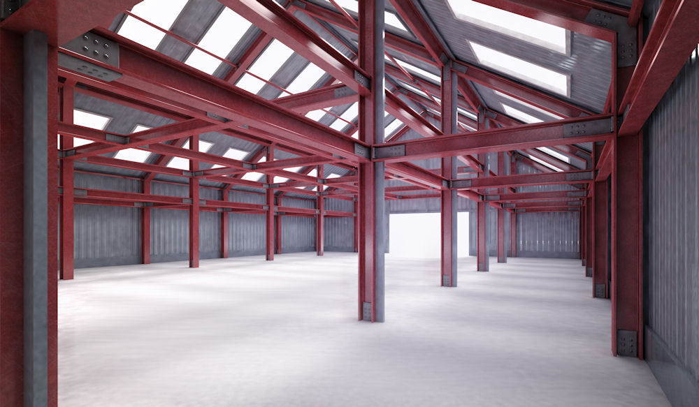 Interior of red iron building with installed roof and I-beams